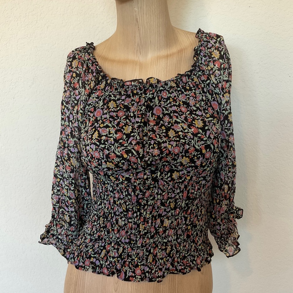 By Anthropologie Lucia Winter Floral Smocked Off Shoulder Peasant Blouse Size XS